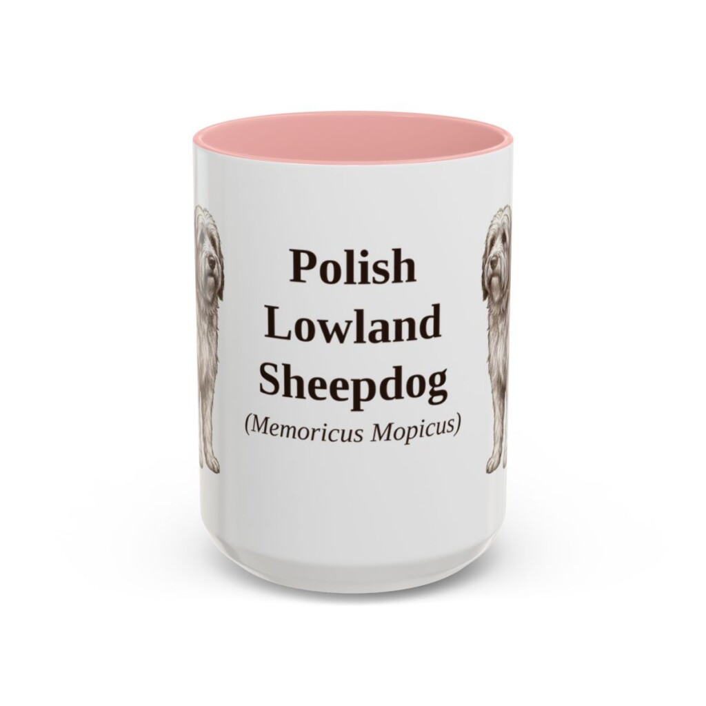 15oz Polish Lowland Sheepdog Latin Mug, Pink, front view