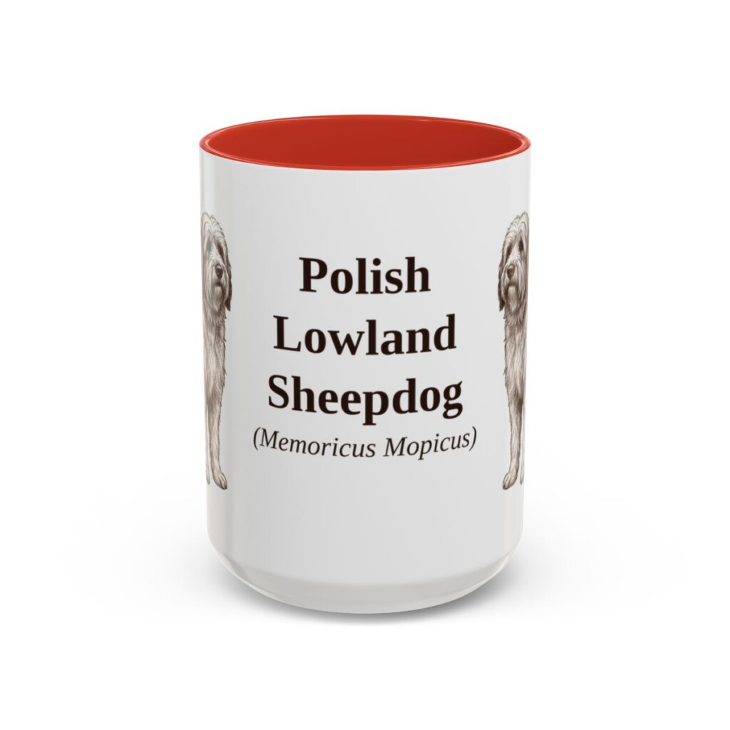 15oz Polish Lowland Sheepdog Latin Mug, Red, front view