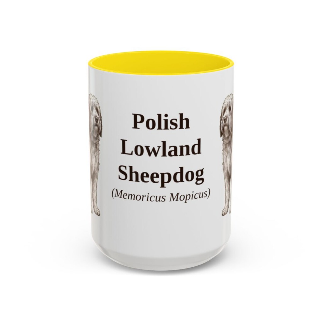 15oz Polish Lowland Sheepdog Latin Mug, Yellow, front view