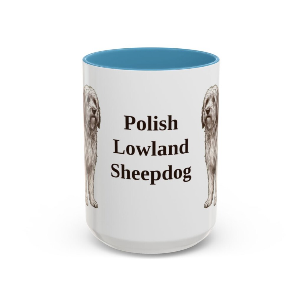 15oz Polish Lowland Sheepdog Mug, Light Blue, front view