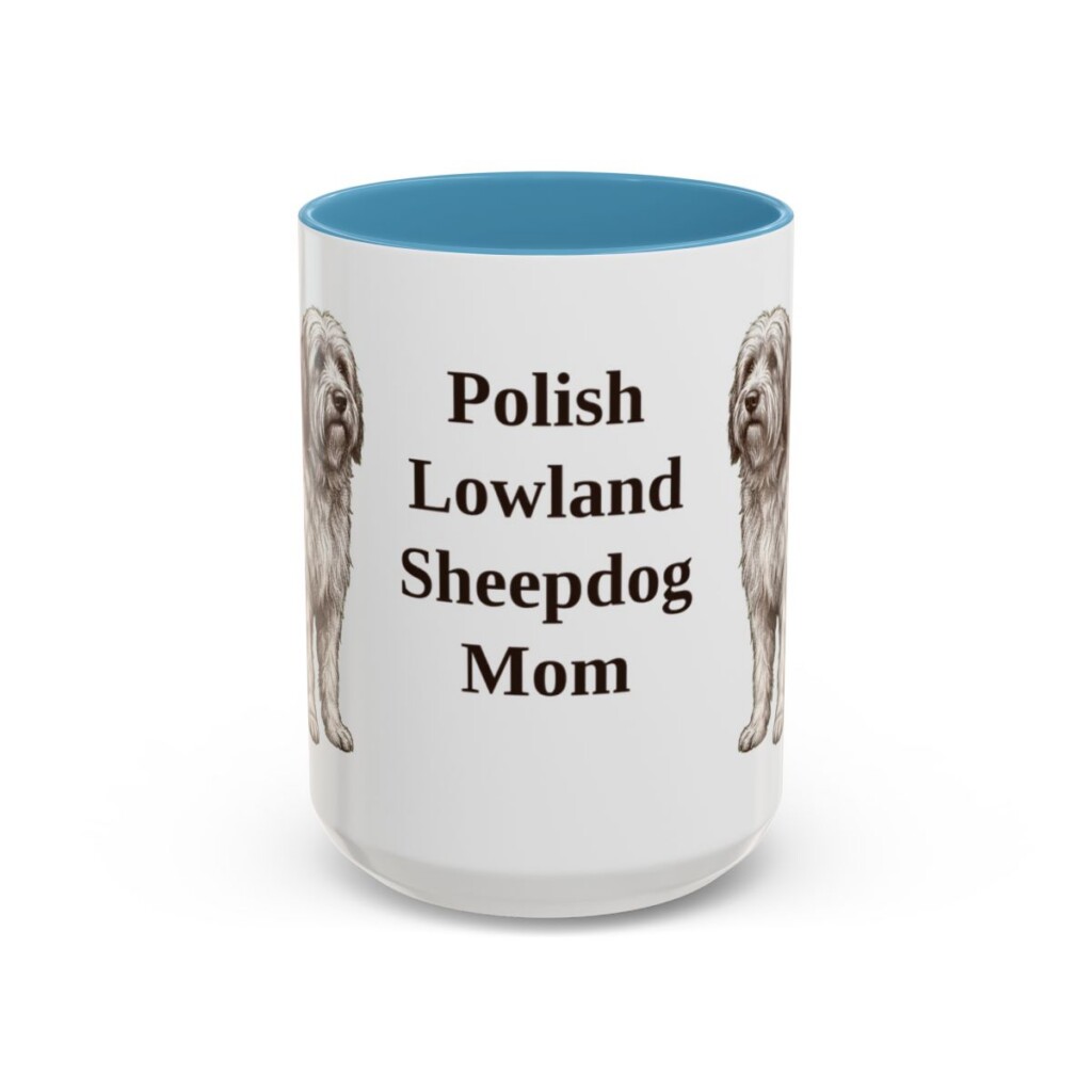 15oz Polish Lowland Sheepdog Dog Mom Mug, Light Blue, front view