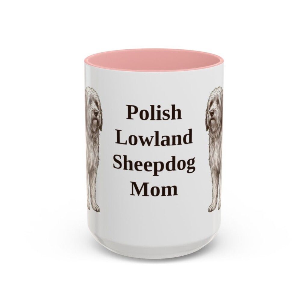 15oz Polish Lowland Sheepdog Dog Mom Mug, Pink, front view