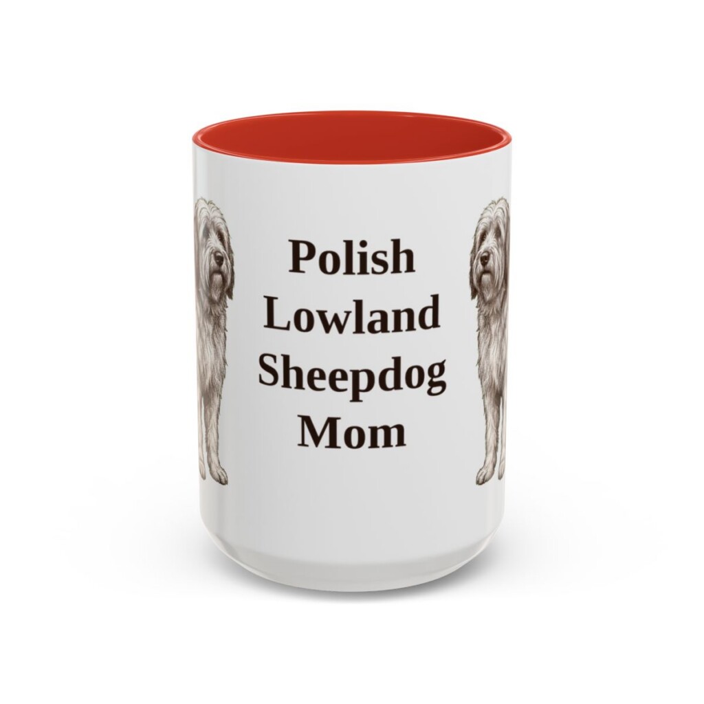 15oz Polish Lowland Sheepdog Dog Mom Mug, Red, front view