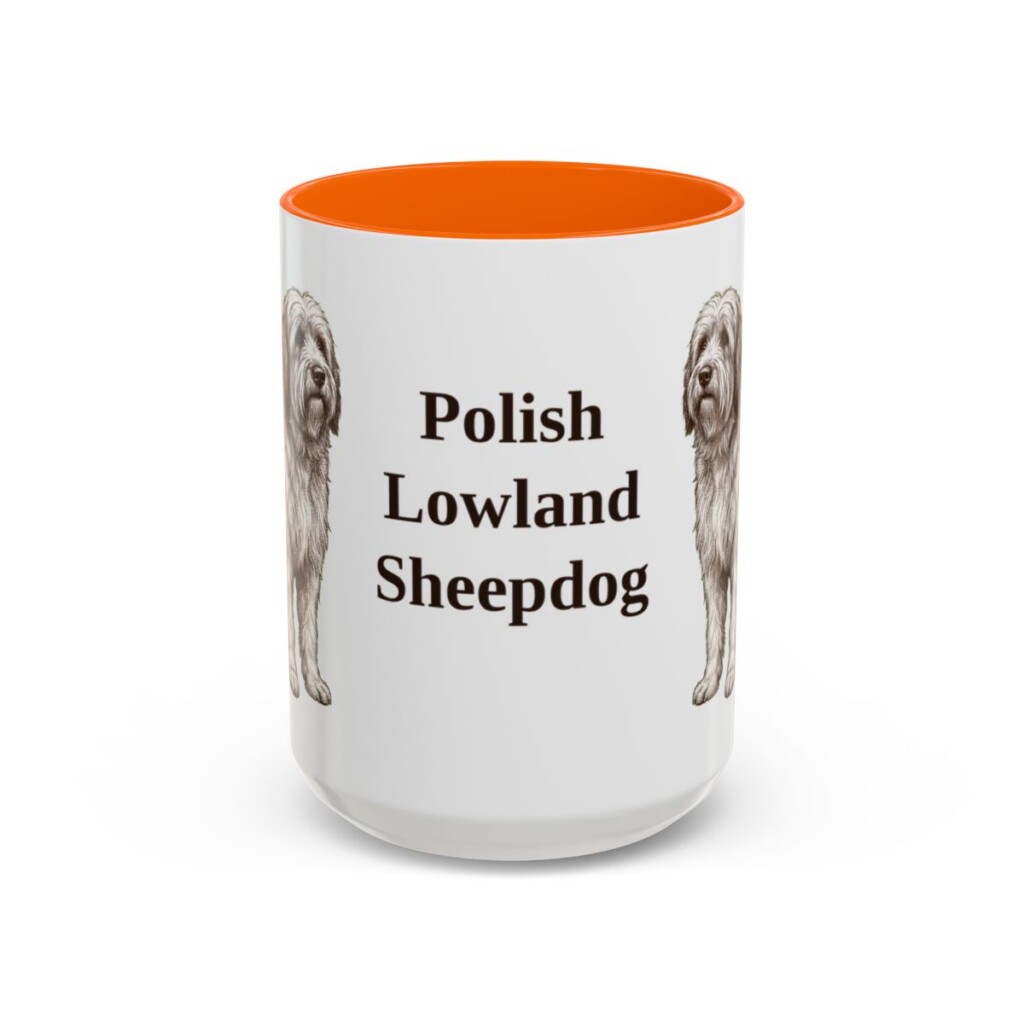 15oz Polish Lowland Sheepdog Mug, Orange, front view