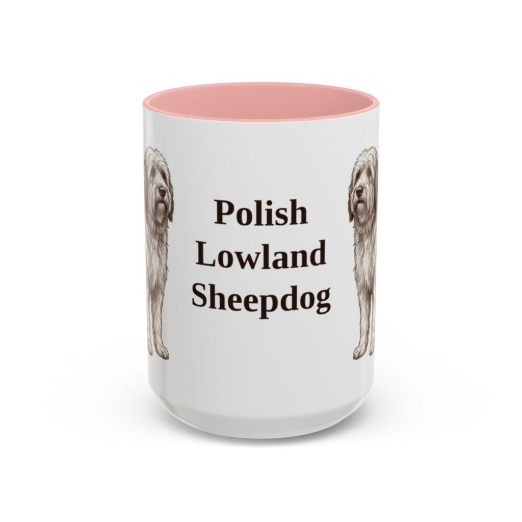 15oz Polish Lowland Sheepdog Mug, Pink, front view