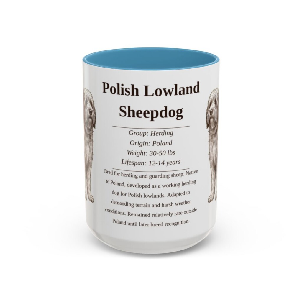 15oz Polish Lowland Sheepdog Mug, Light Blue, front view