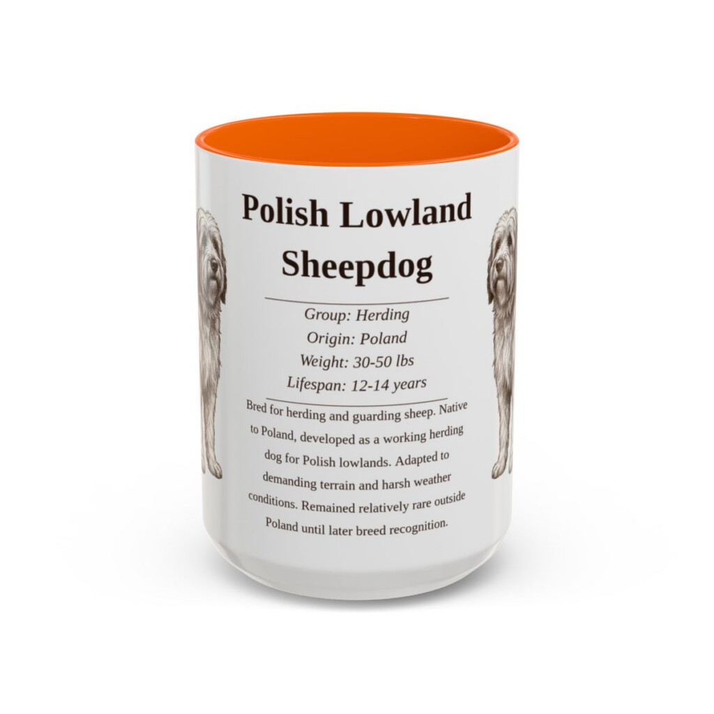 15oz Polish Lowland Sheepdog Mug, Orange, front view