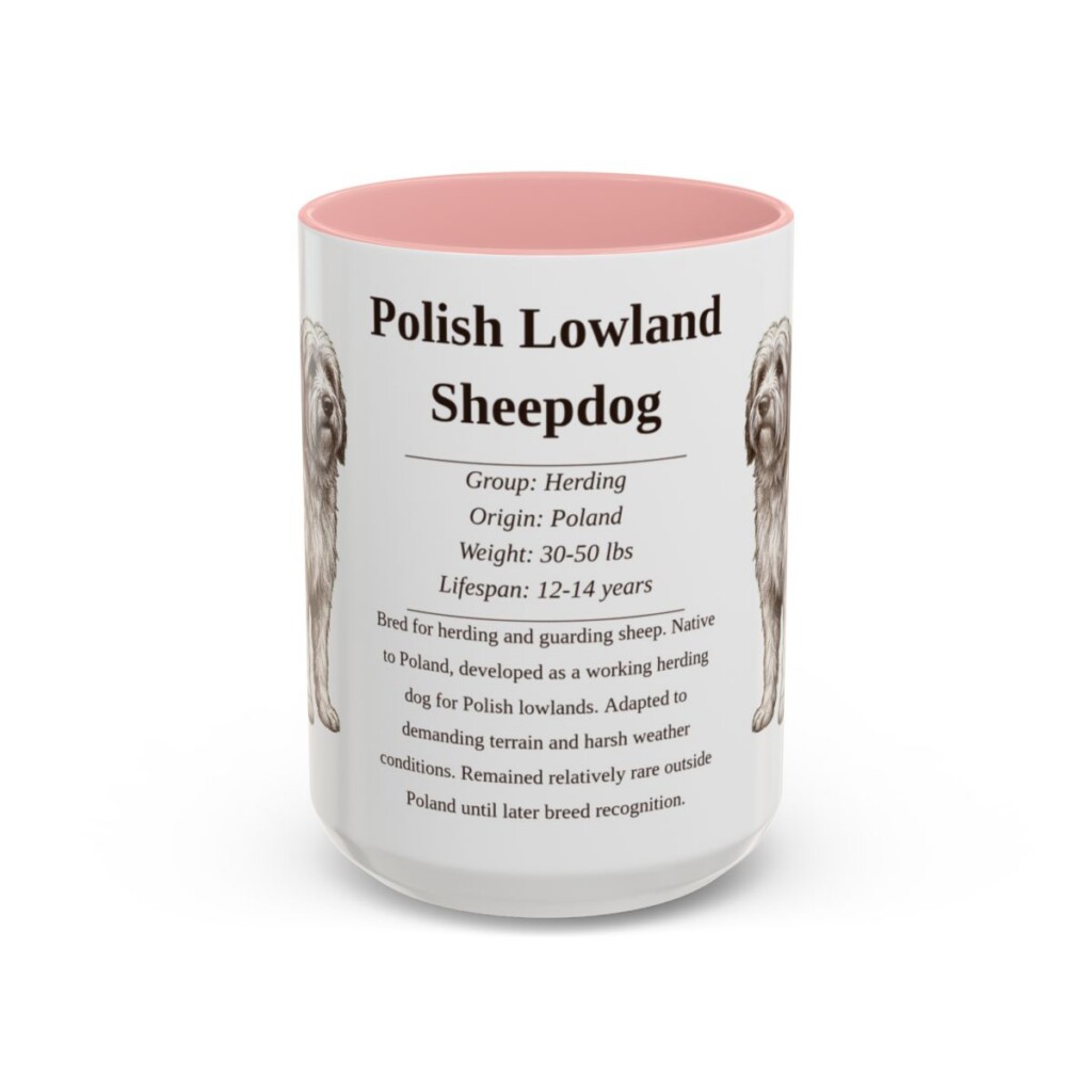 15oz Polish Lowland Sheepdog Mug, Pink, front view