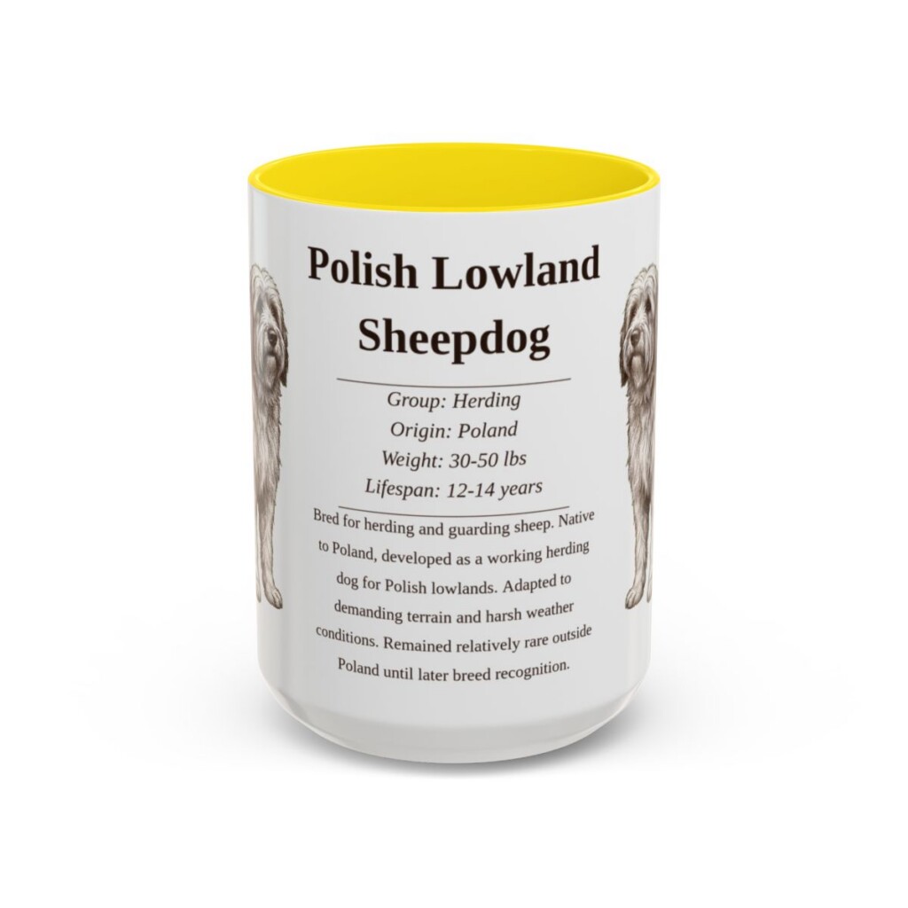 15oz Polish Lowland Sheepdog Mug, Yellow, front view