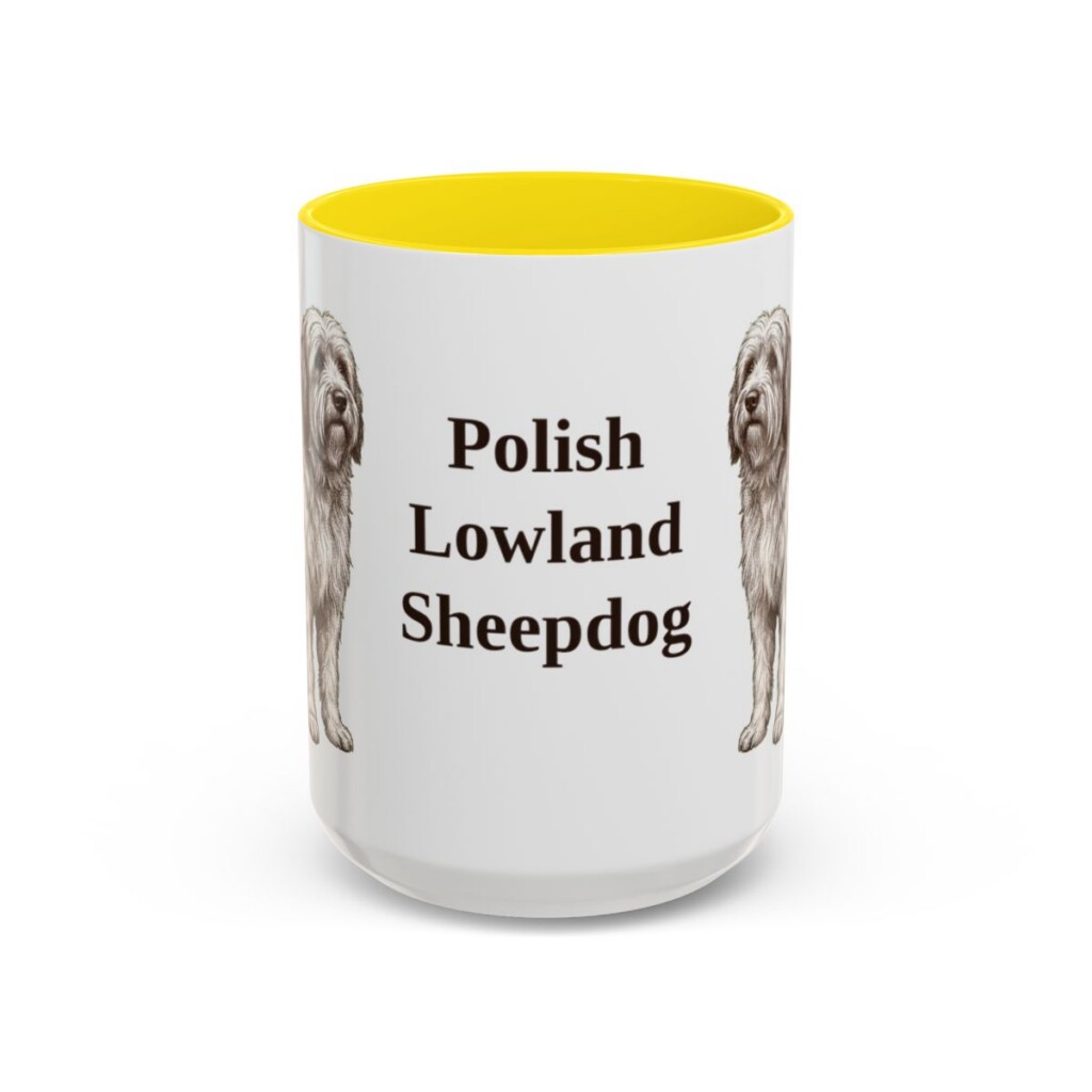 15oz Polish Lowland Sheepdog Mug, Yellow, front view