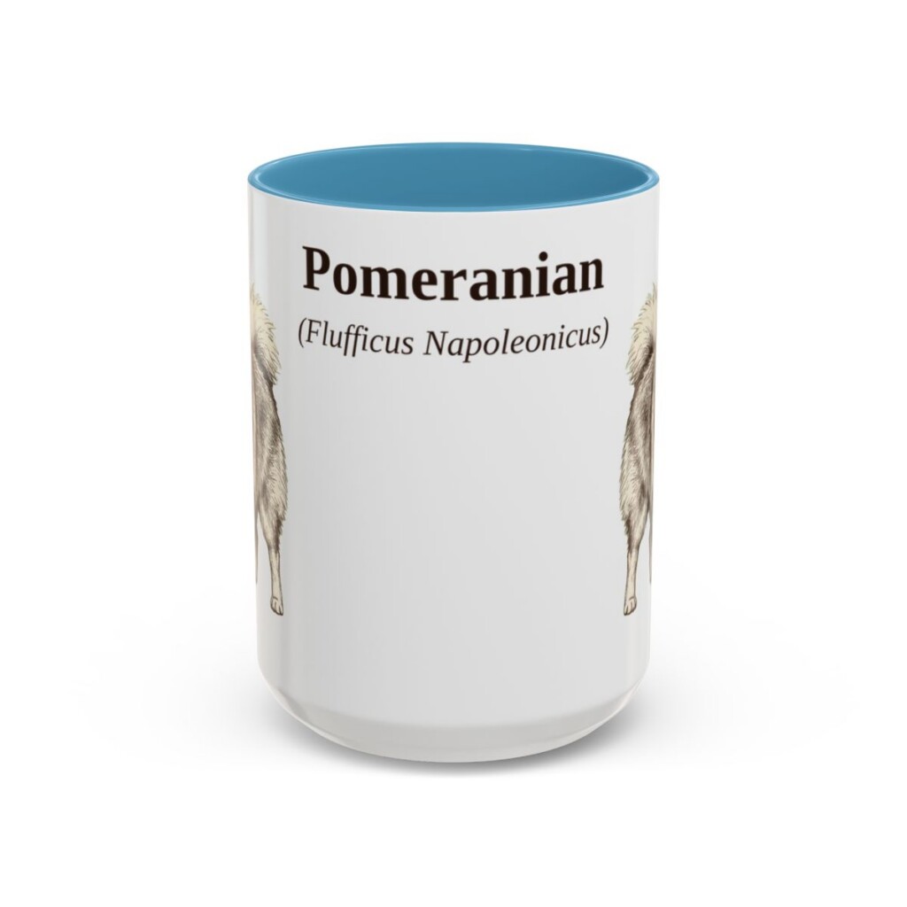 15oz Pomeranian Latin Mug, Light Blue, front view