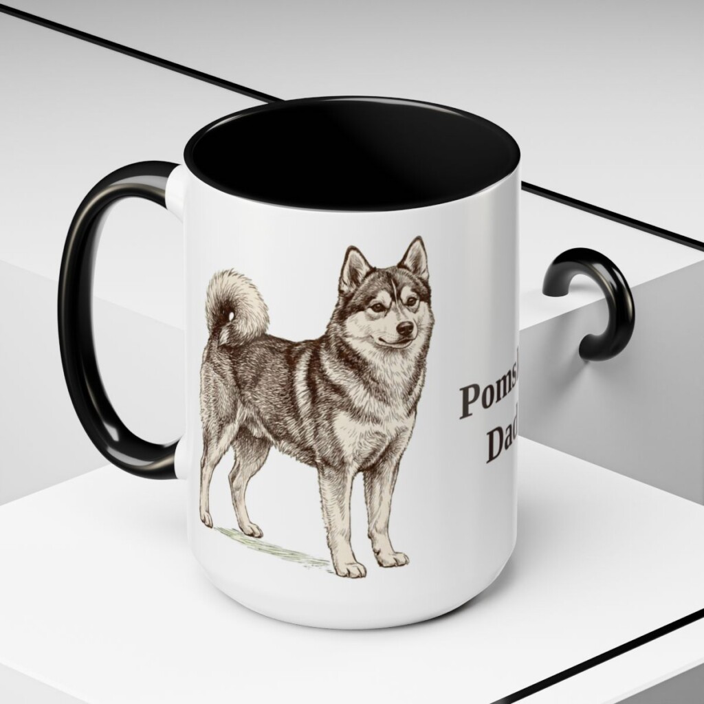 15oz Pomsky Dog Dad Mug, Black, lifestyle photo