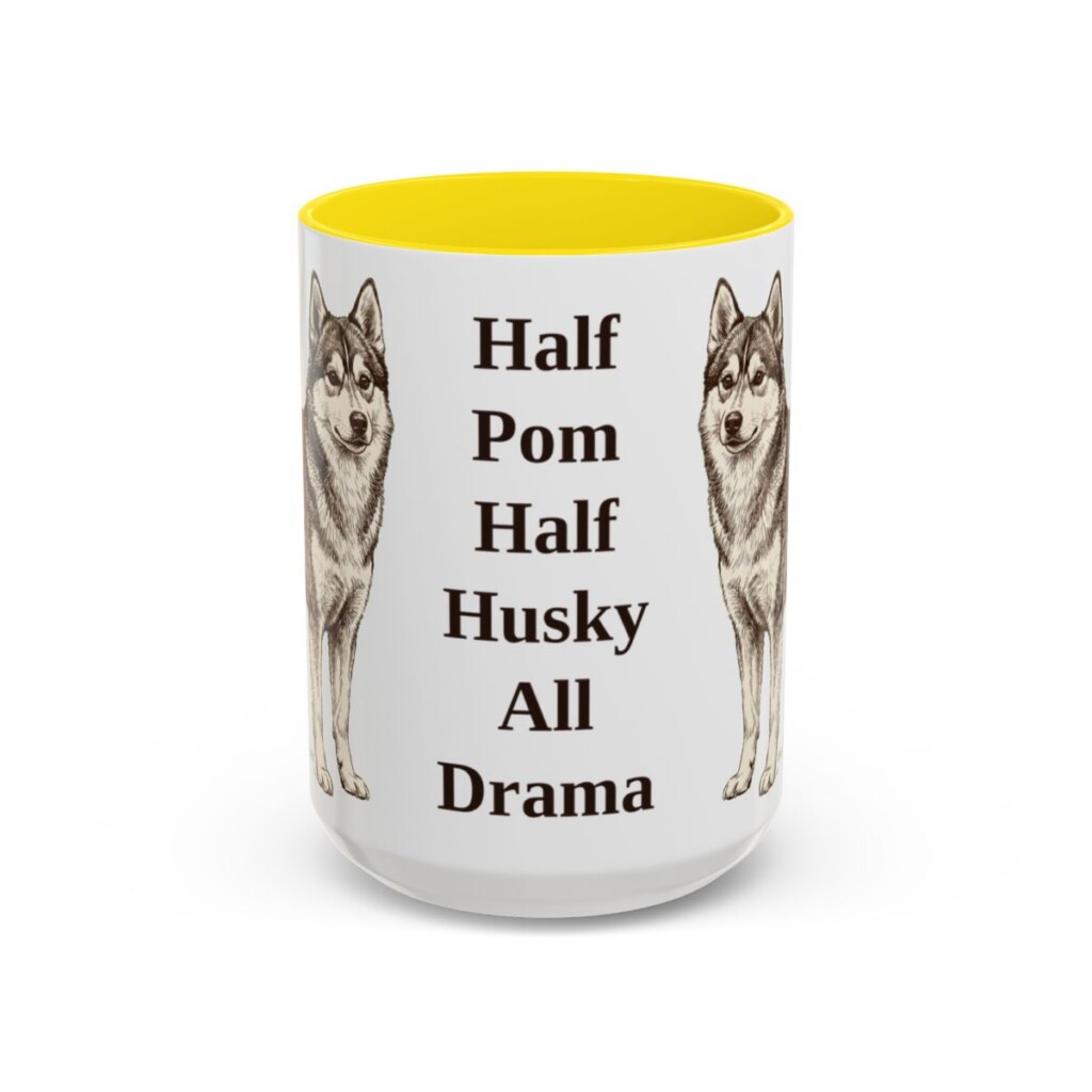 15oz Funny Pomsky Mug, Yellow, front view