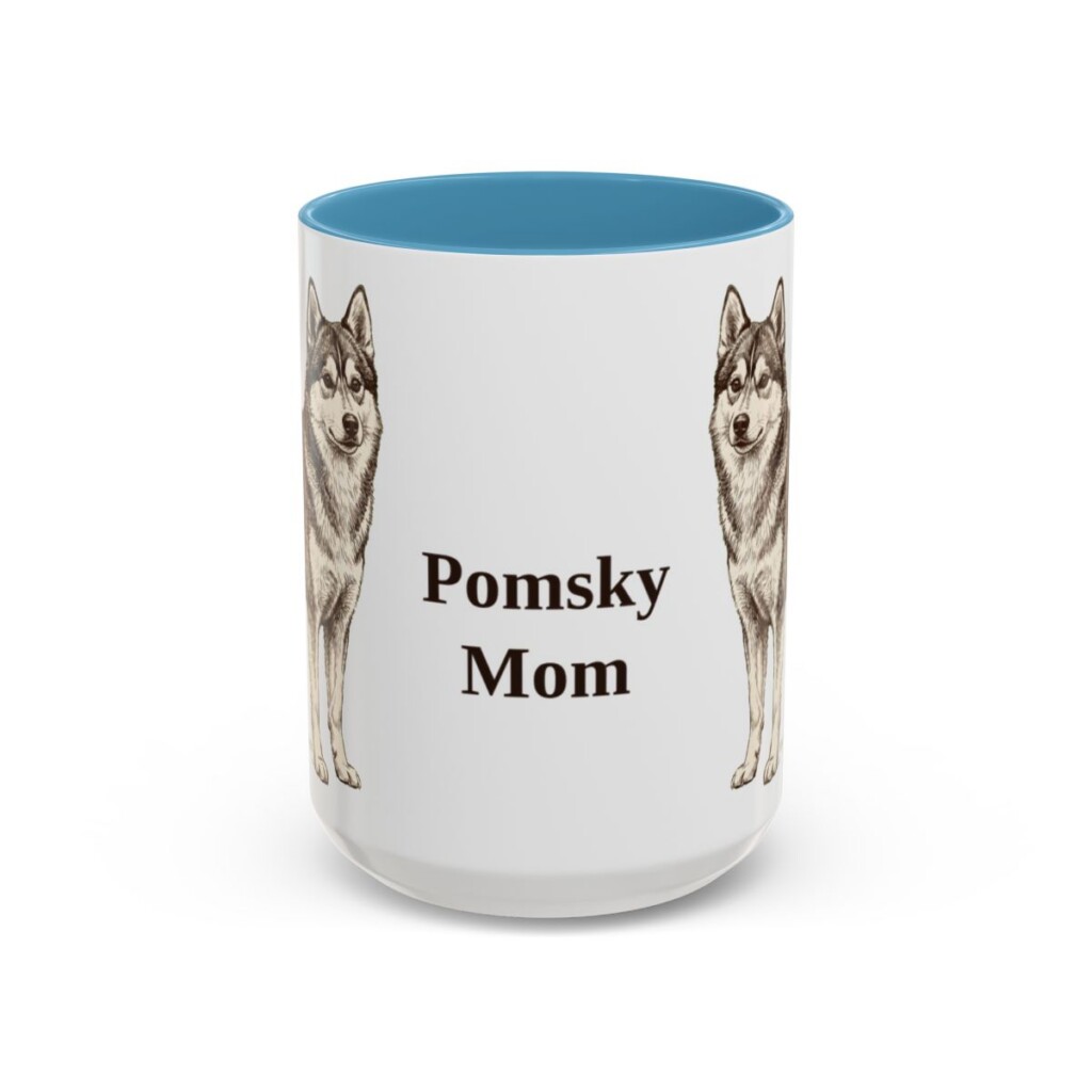 15oz Pomsky Dog Mom Mug, Light Blue, front view