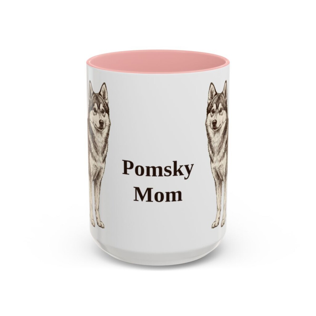 15oz Pomsky Dog Mom Mug, Pink, front view