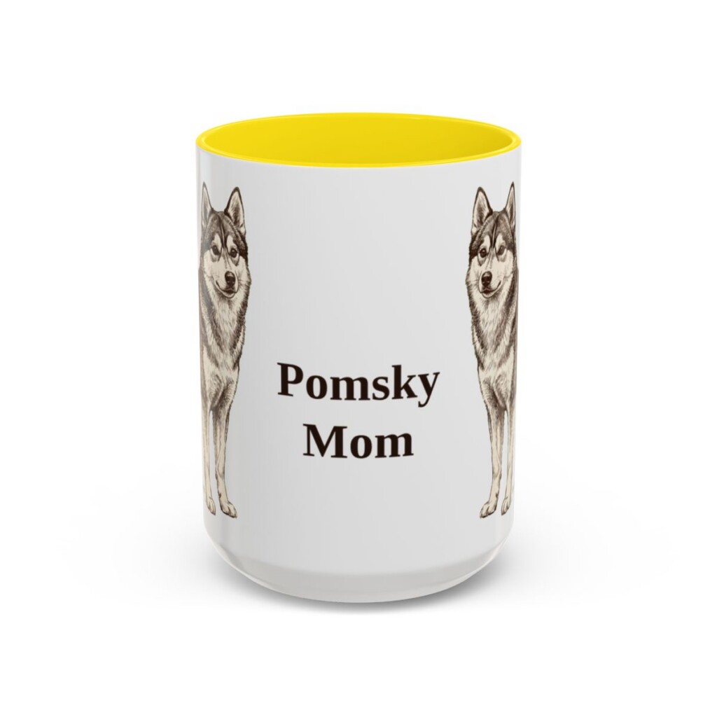 15oz Pomsky Dog Mom Mug, Yellow, front view