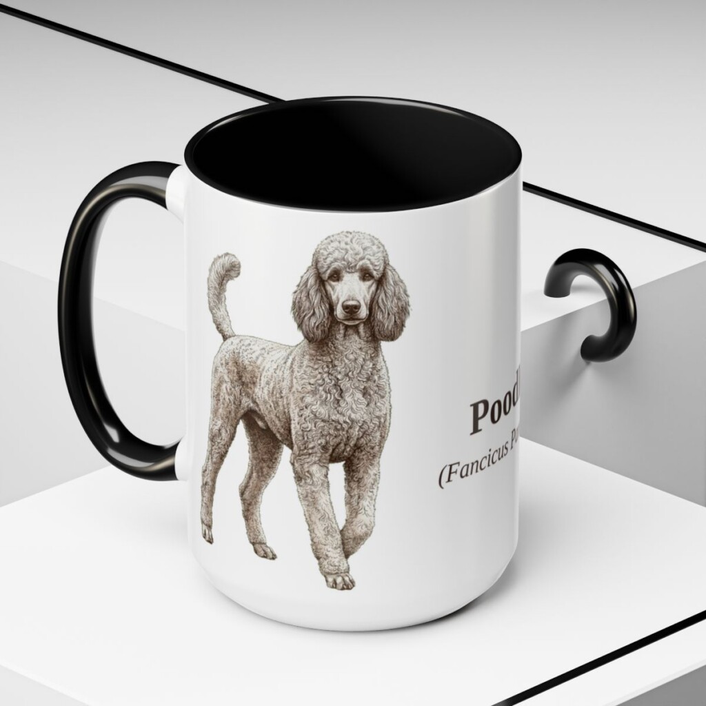 15oz Poodle Latin Mug, Black, lifestyle photo