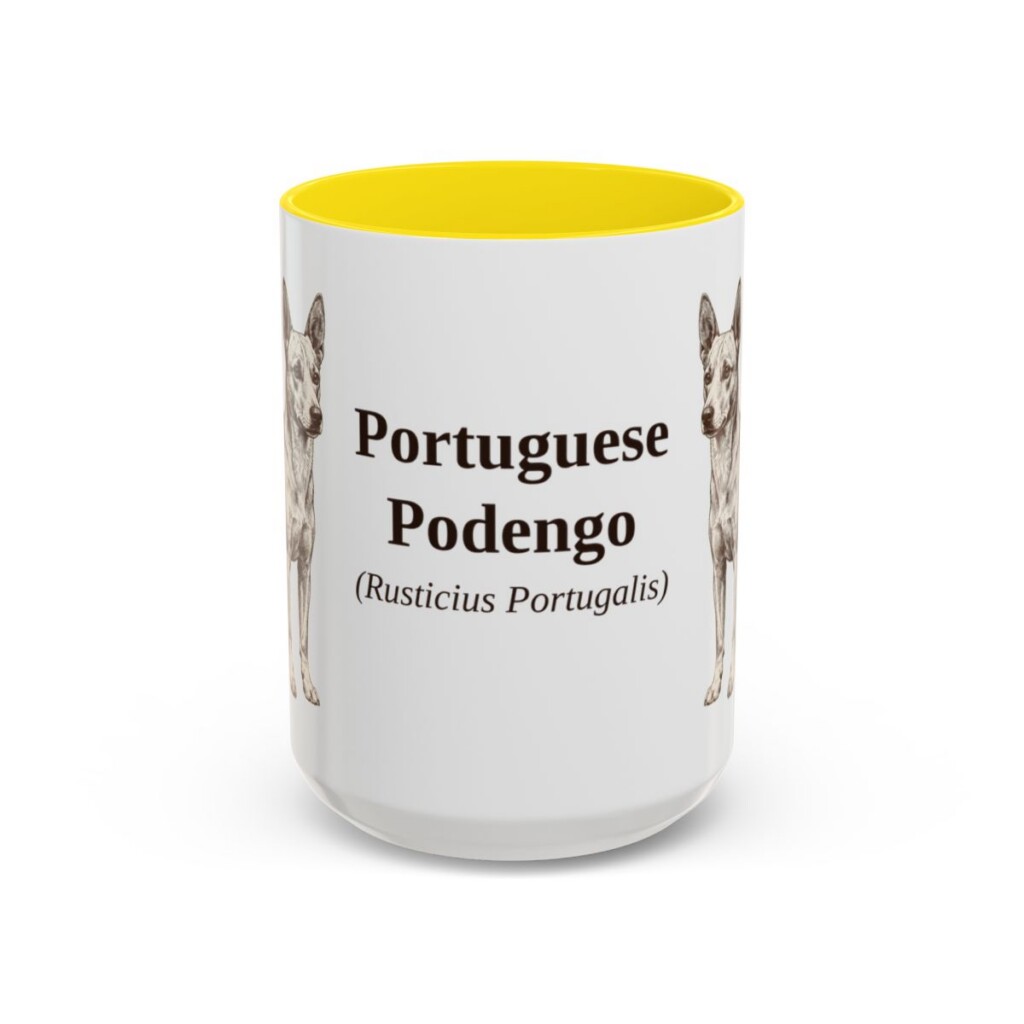 15oz-portuguese-podengo-mug-latin-yellow 15oz Portuguese Podengo Latin Mug, Yellow, front view