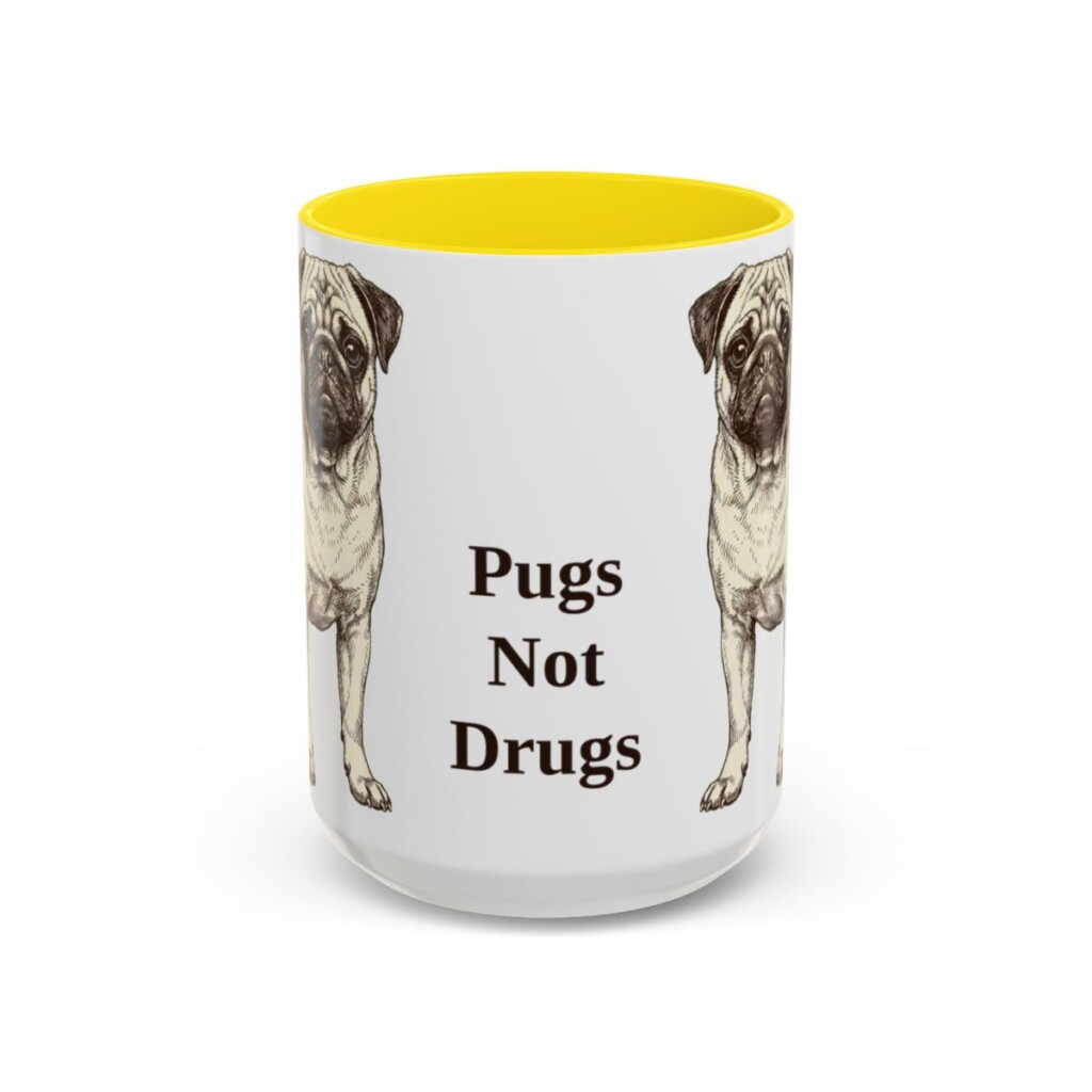 15oz Funny Pug Mug, Yellow, front view