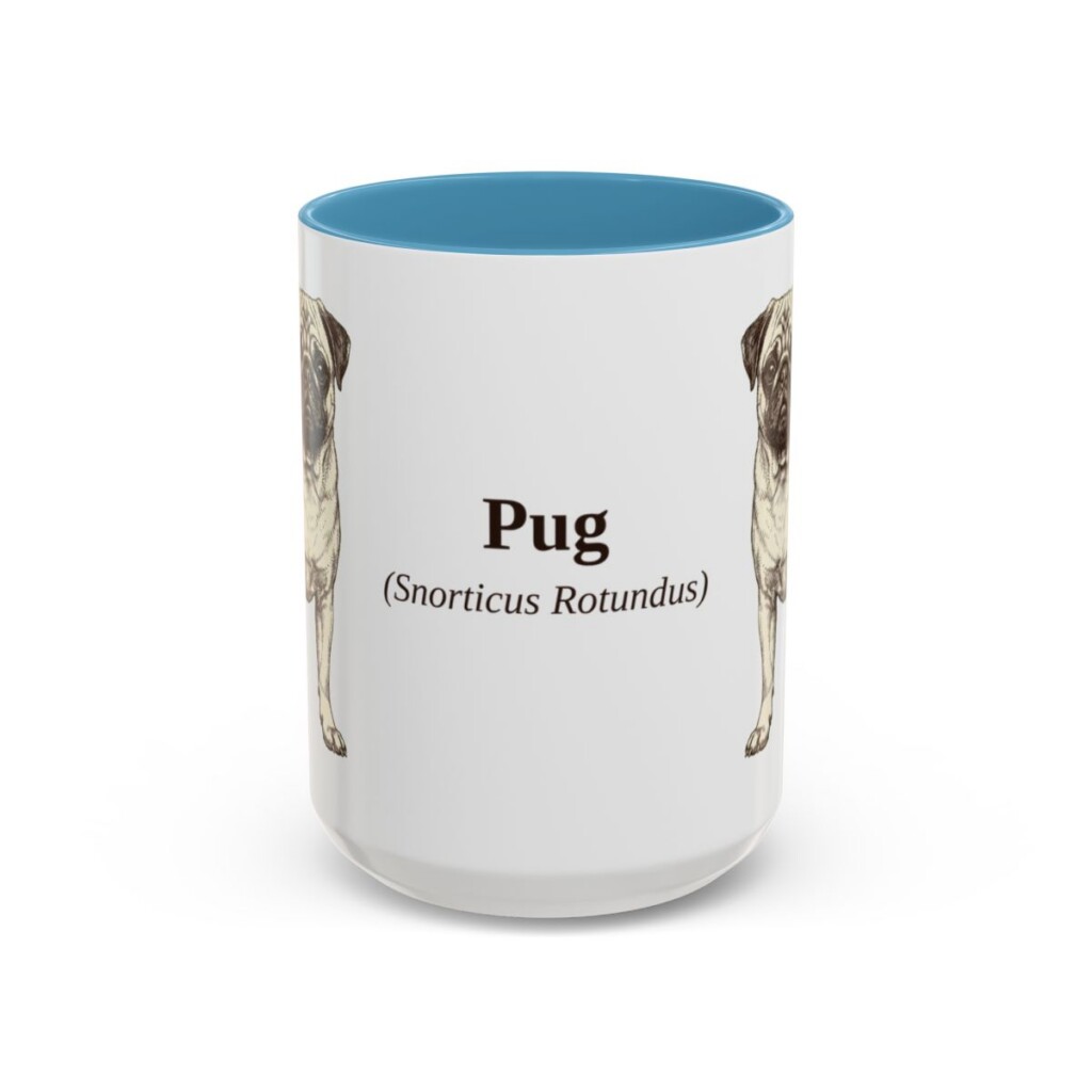 15oz Pug Latin Mug, Light Blue, front view