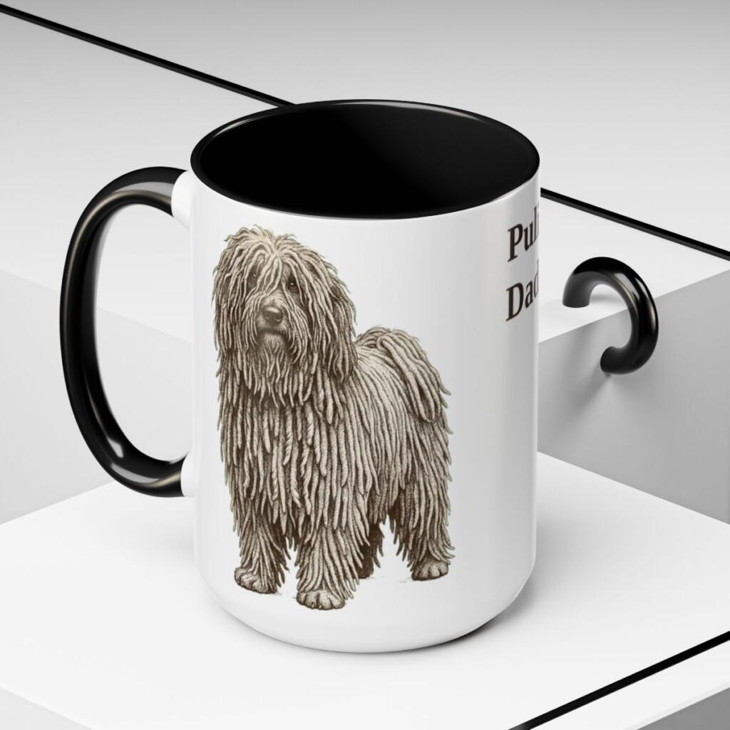 15oz Puli Dog Dad Mug, Black, lifestyle photo