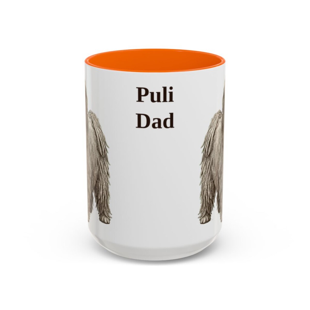 15oz Puli Dog Dad Mug, Orange, front view