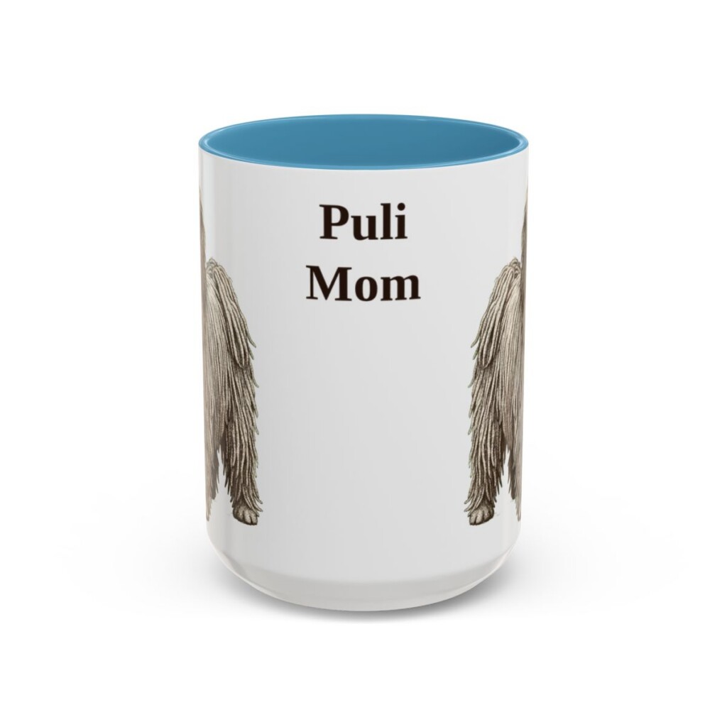 15oz Puli Dog Mom Mug, Light Blue, front view