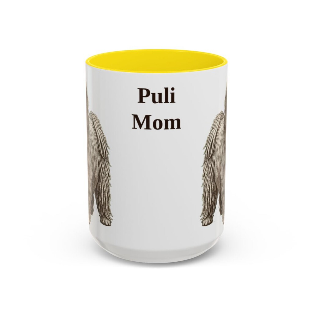 15oz Puli Dog Mom Mug, Yellow, front view