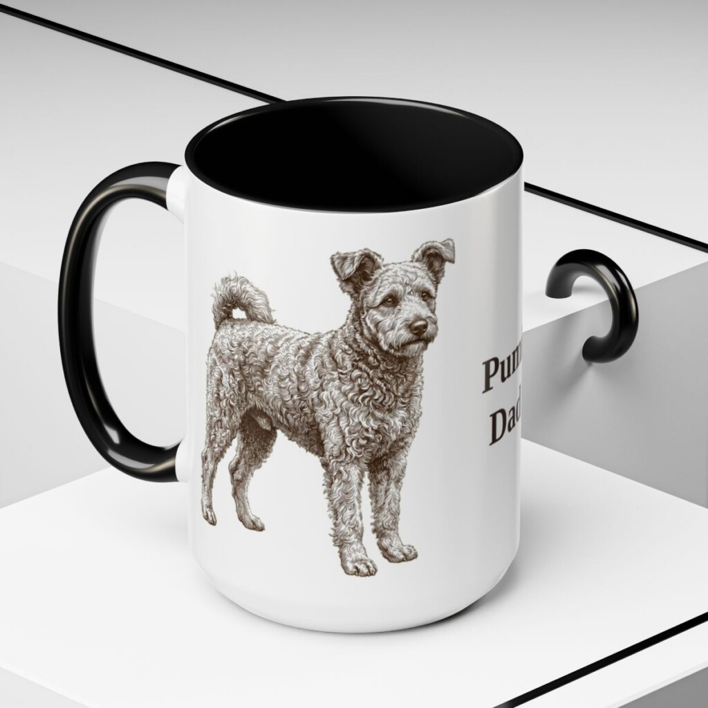 15oz Pumi Dog Dad Mug, Black, lifestyle photo