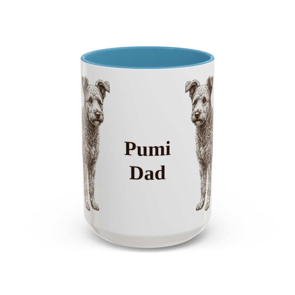 15oz Pumi Dog Dad Mug, Light Blue, front view