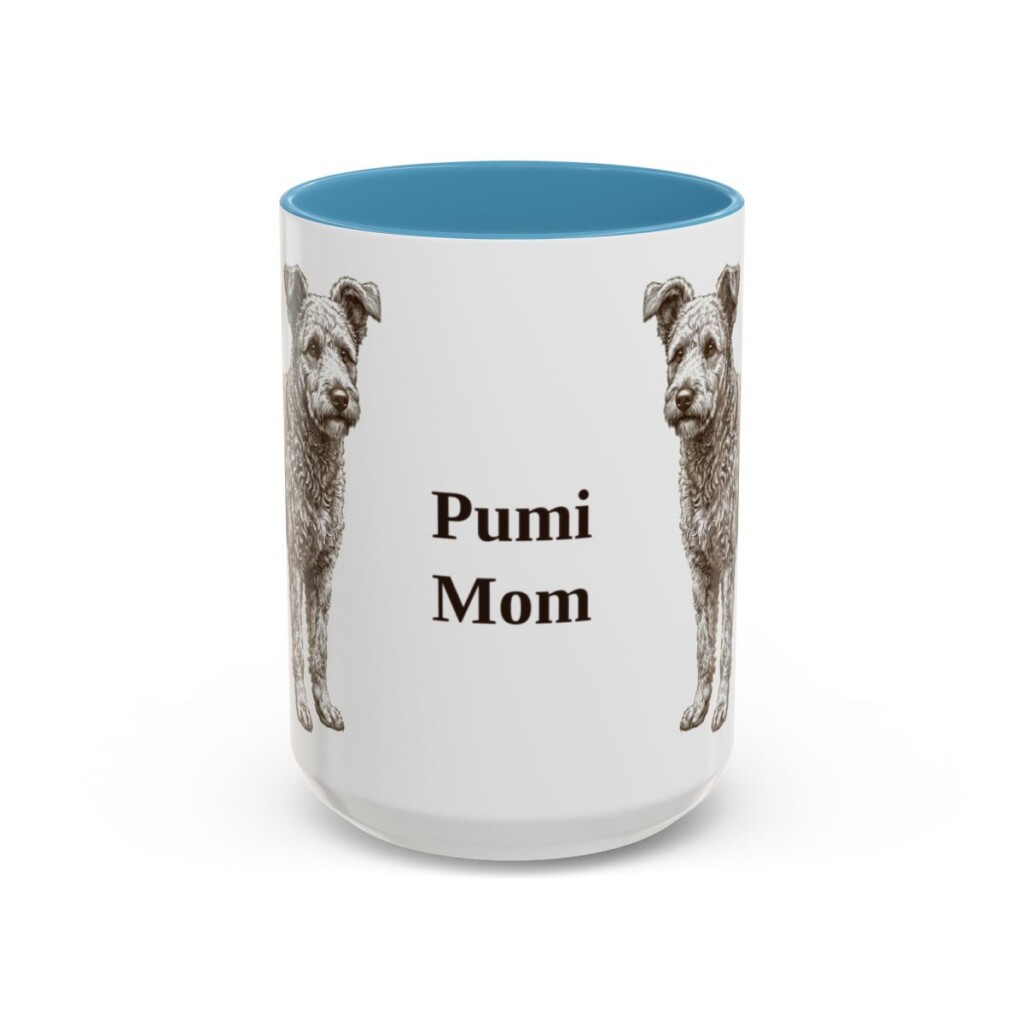 15oz Pumi Dog Mom Mug, Light Blue, front view
