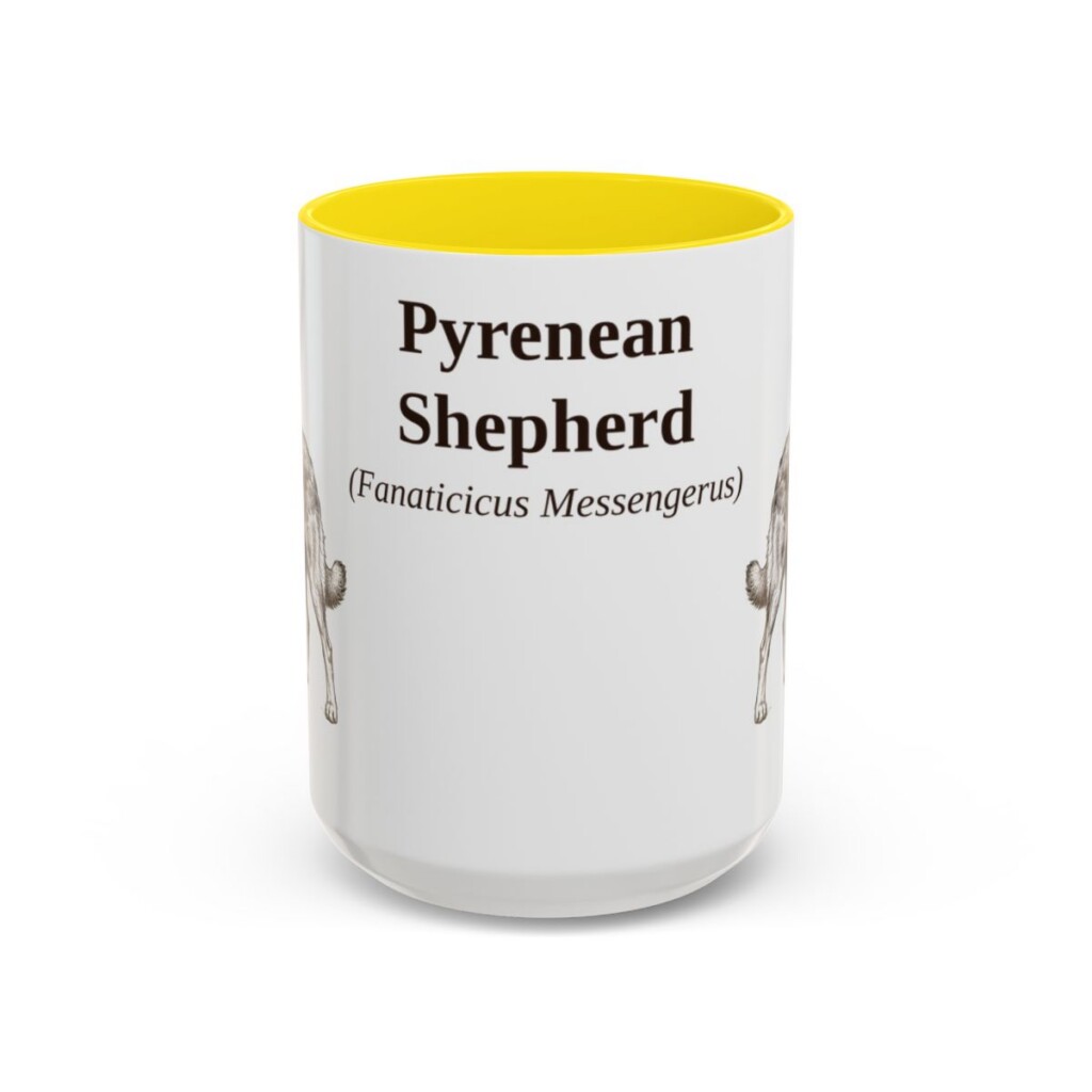 15oz Pyrenean Shepherd Latin Mug, Yellow, front view