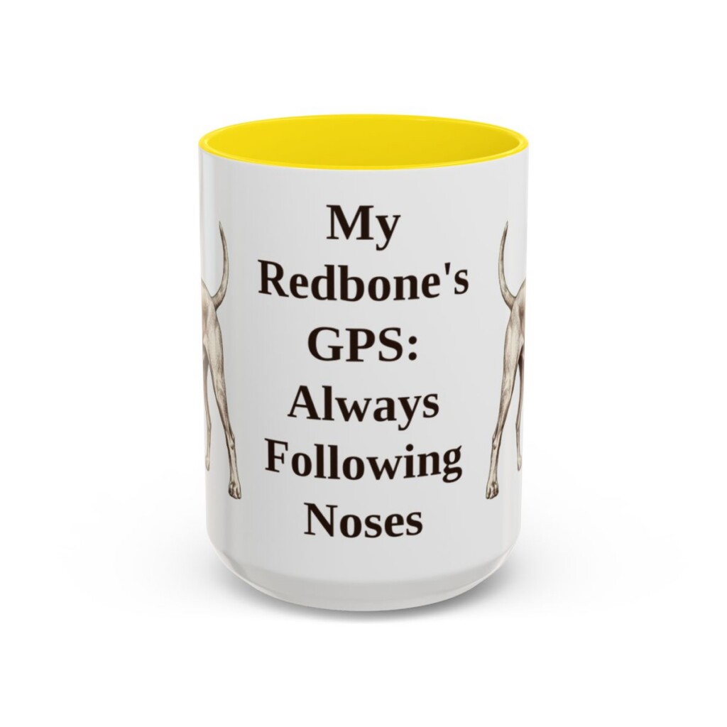 15oz Funny Redbone Coonhound Mug, Yellow, front view