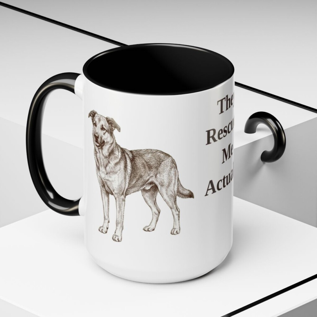 15oz-rescue-dog-mug-humor-black-context-2 15oz Funny Rescue Dog Mug, Black, lifestyle photo