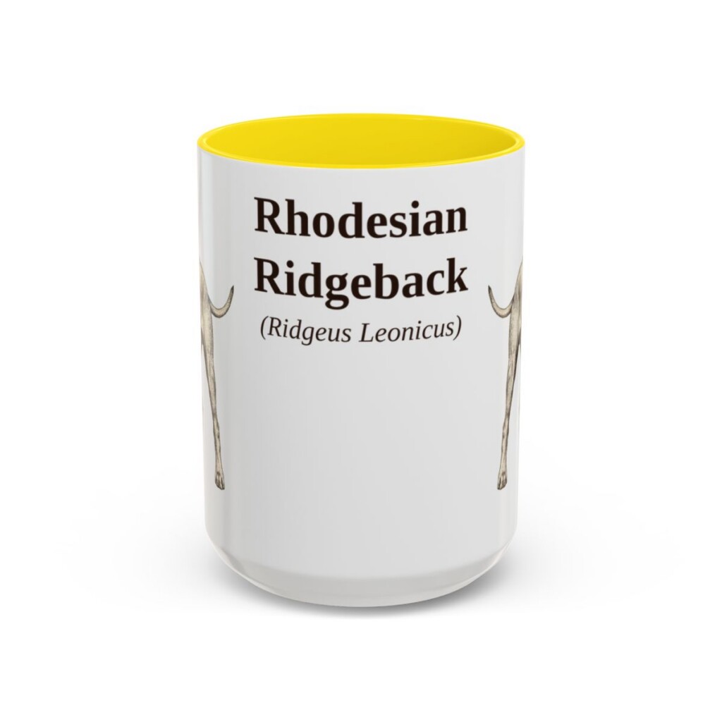 15oz Rhodesian Ridgeback Latin Mug, Yellow, front view