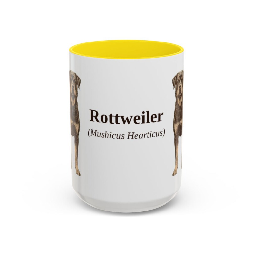 15oz Rottweiler Latin Mug, Yellow, front view