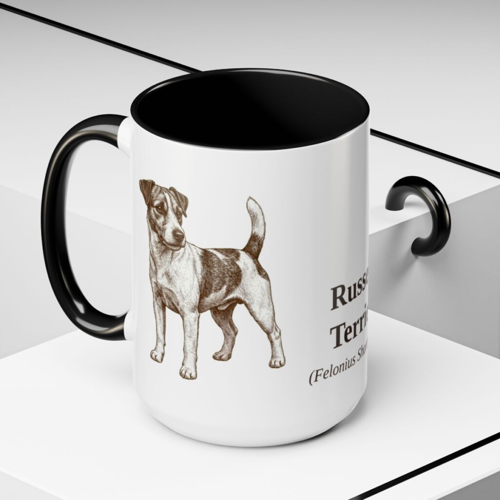 15oz Russell Terrier Latin Mug, Black, lifestyle photo