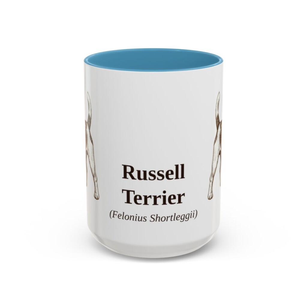 15oz Russell Terrier Latin Mug, Light Blue, front view