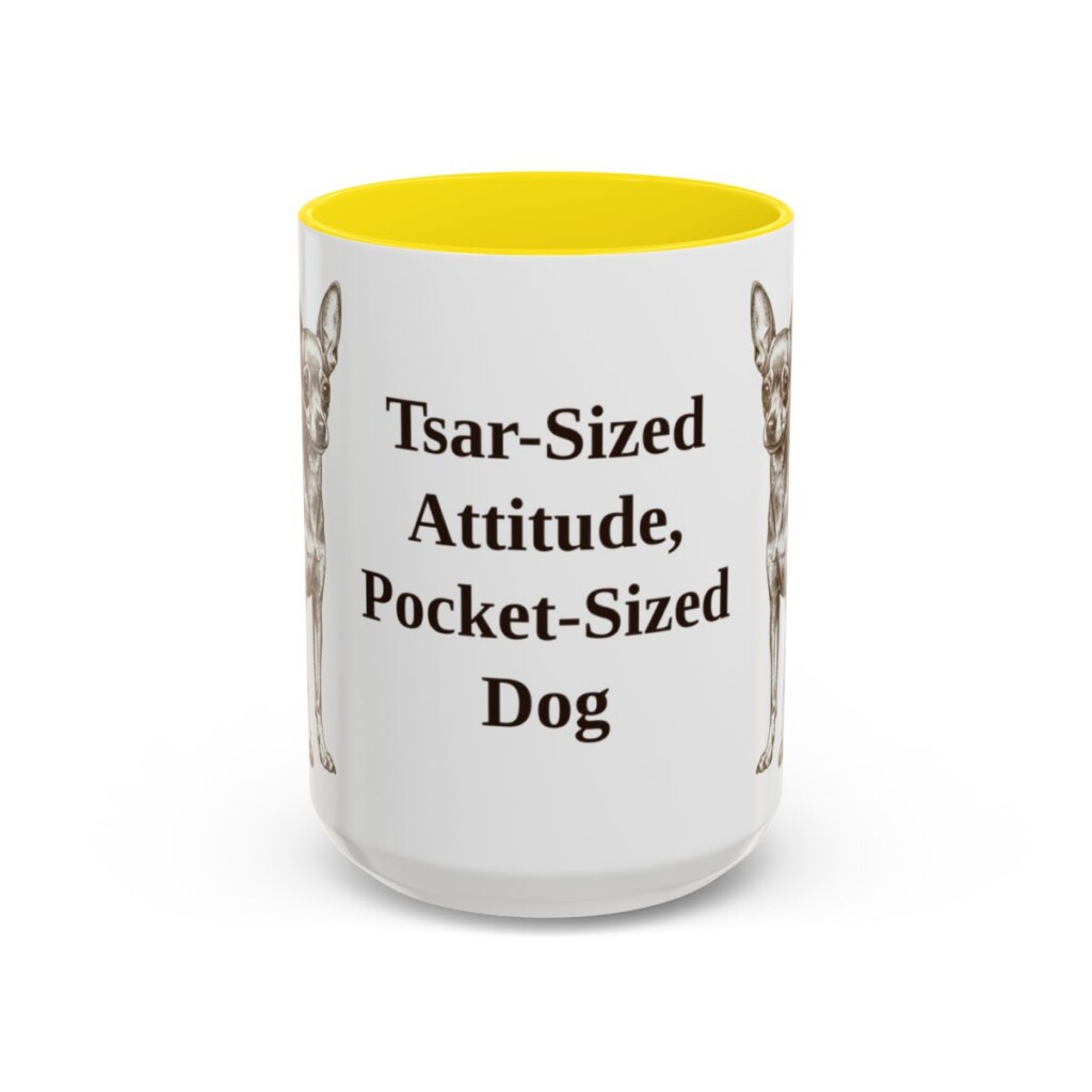 15oz Funny Russian Toy Mug, Yellow, front view