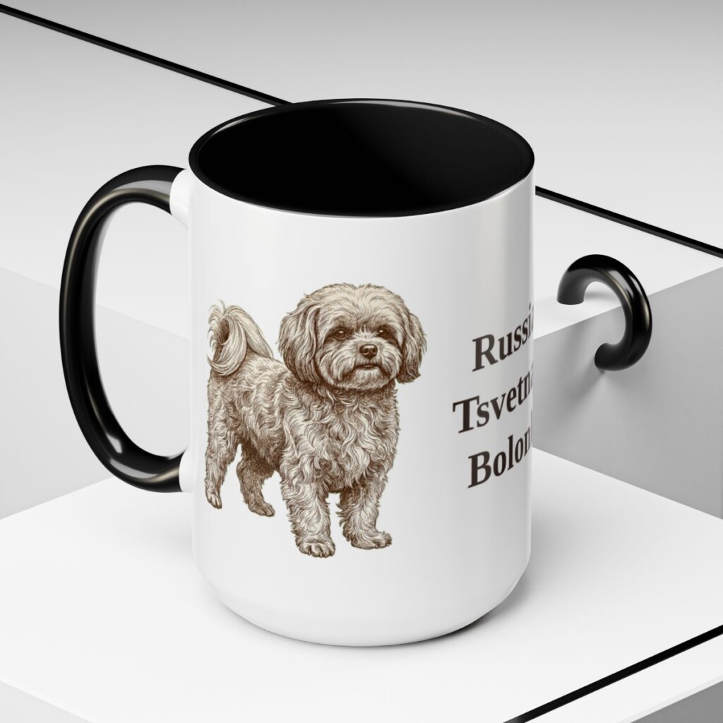 15oz-russian-tsvetnaya-bolonka-mug-black-context-2 15oz Russian Tsvetnaya Bolonka Mug, Black, lifestyle photo