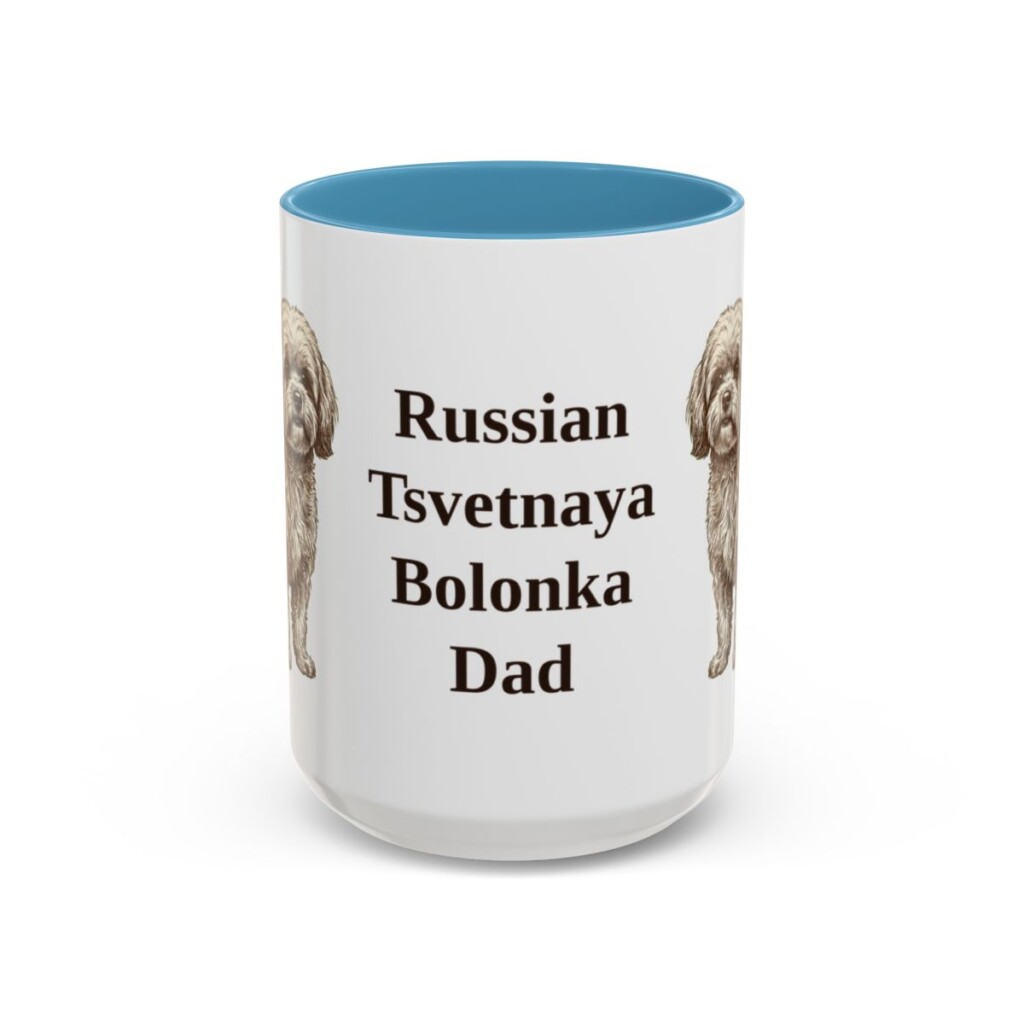 15oz Russian Tsvetnaya Bolonka Dog Dad Mug, Light Blue, front view
