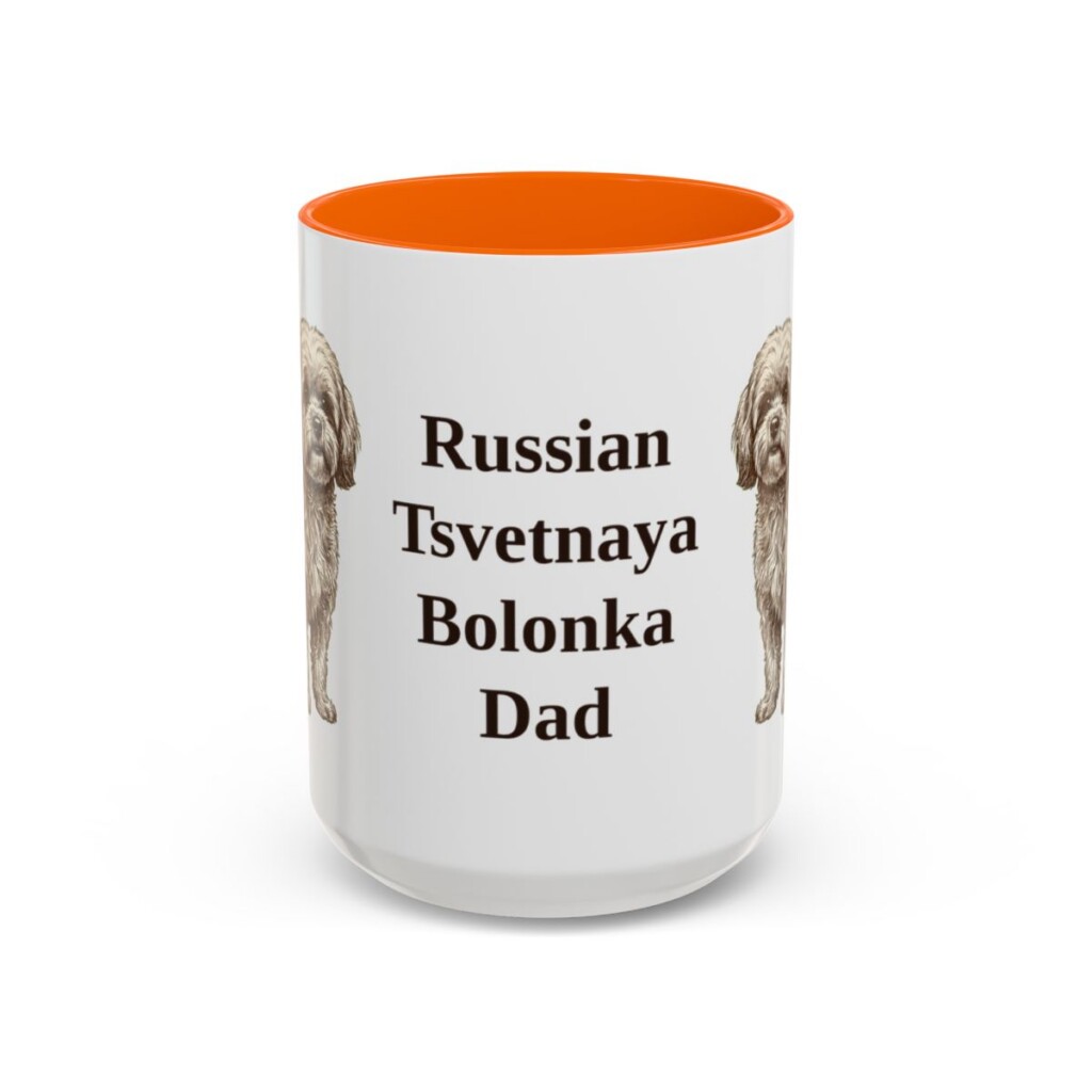 15oz Russian Tsvetnaya Bolonka Dog Dad Mug, Orange, front view