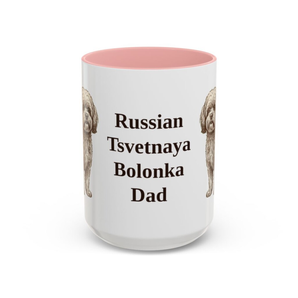 15oz Russian Tsvetnaya Bolonka Dog Dad Mug, Pink, front view