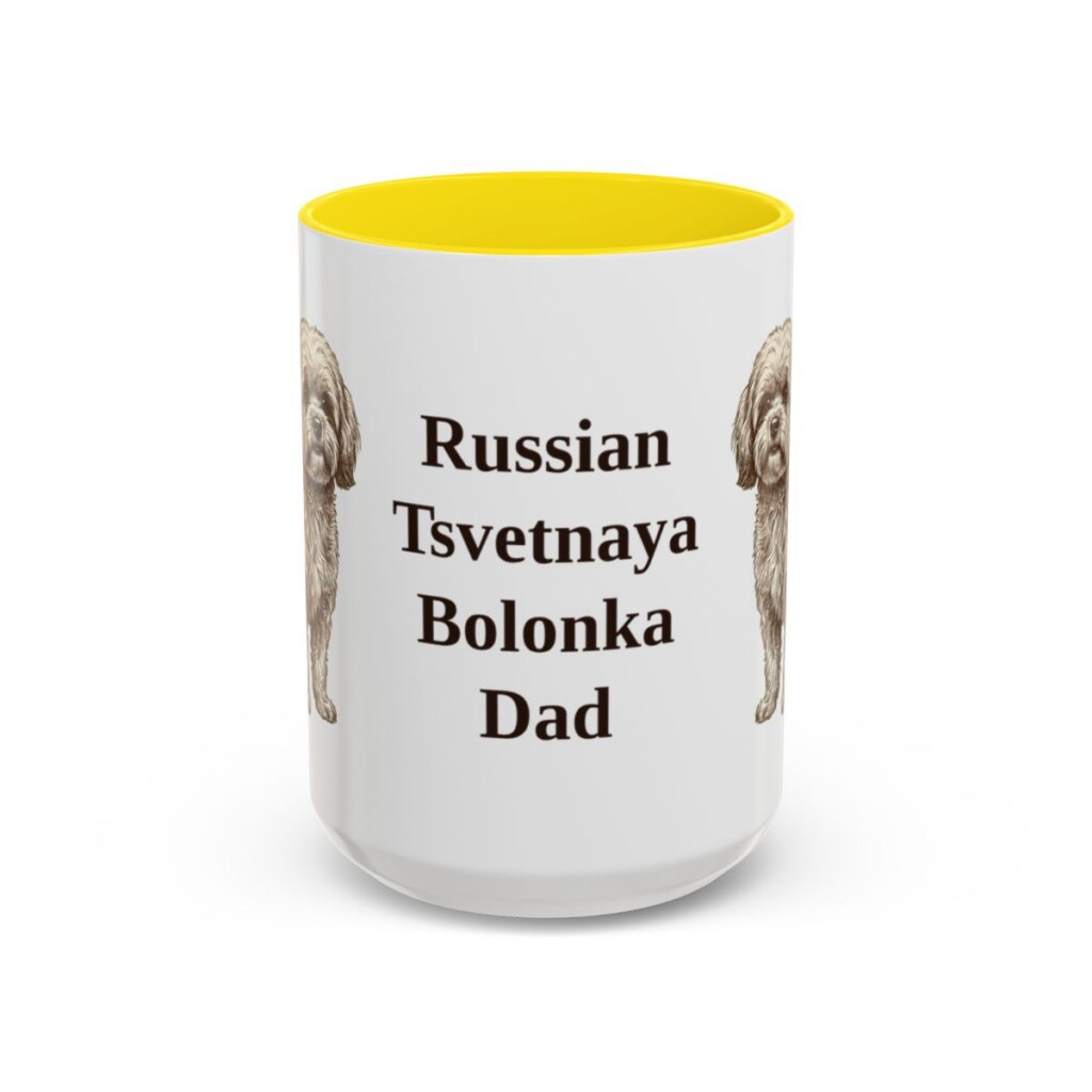 15oz Russian Tsvetnaya Bolonka Dog Dad Mug, Yellow, front view