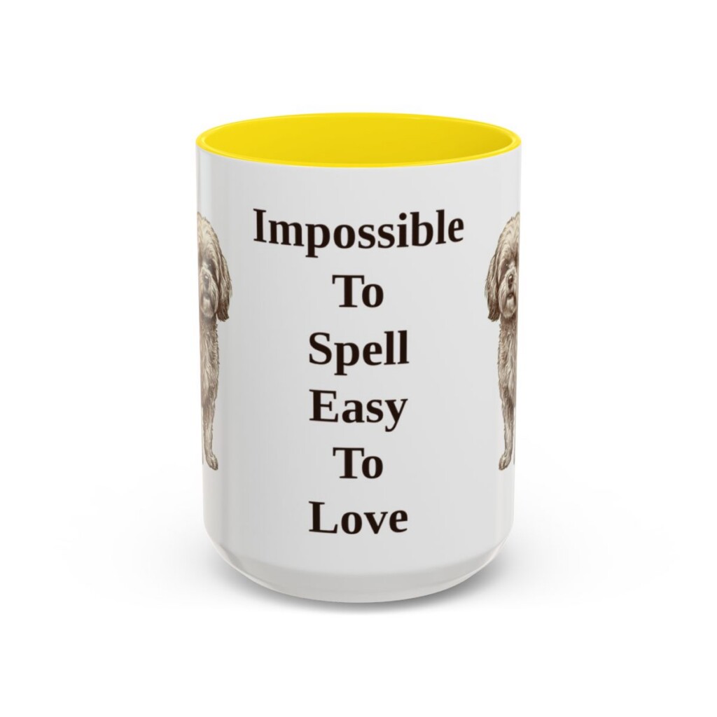 15oz Funny Russian Tsvetnaya Bolonka Mug, Yellow, front view