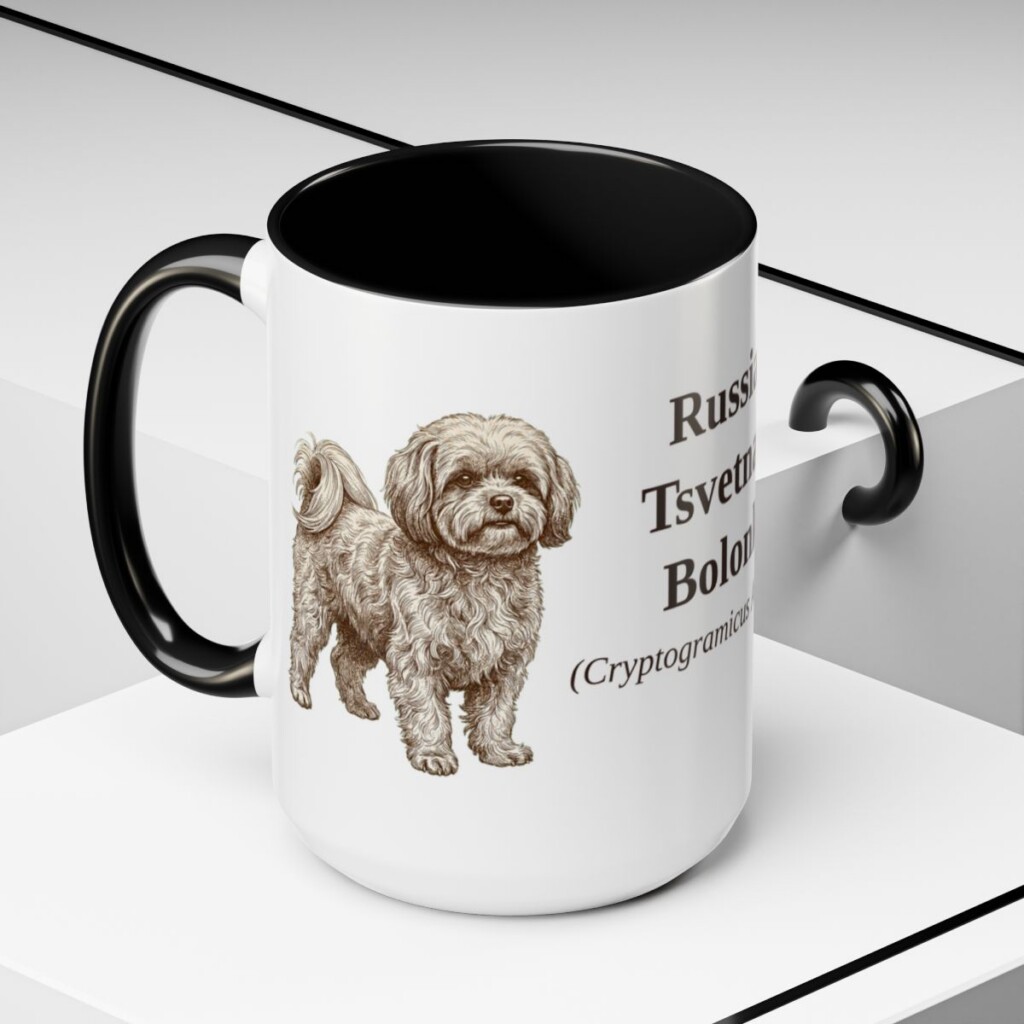 15oz-russian-tsvetnaya-bolonka-mug-latin-black-context-2 15oz Russian Tsvetnaya Bolonka Latin Mug, Black, lifestyle photo