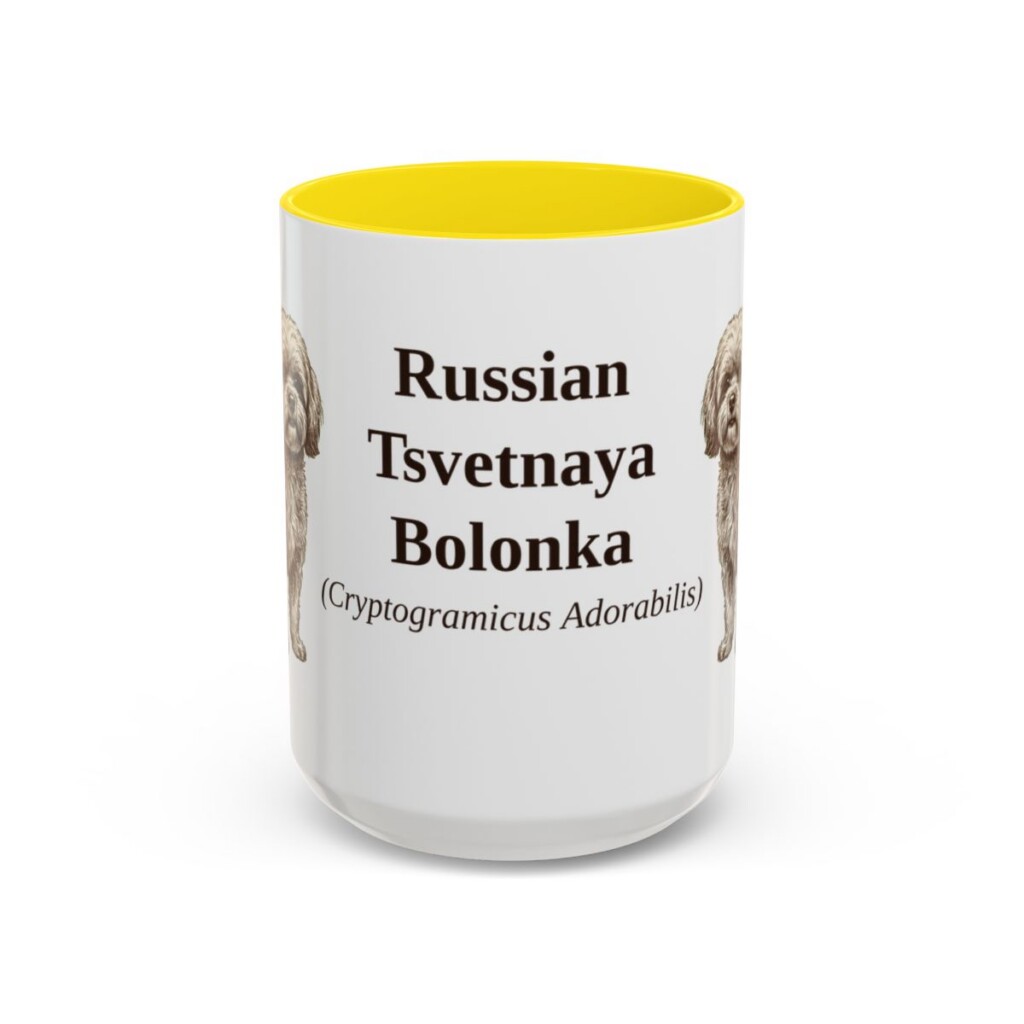 15oz-russian-tsvetnaya-bolonka-mug-latin-yellow 15oz Russian Tsvetnaya Bolonka Latin Mug, Yellow, front view