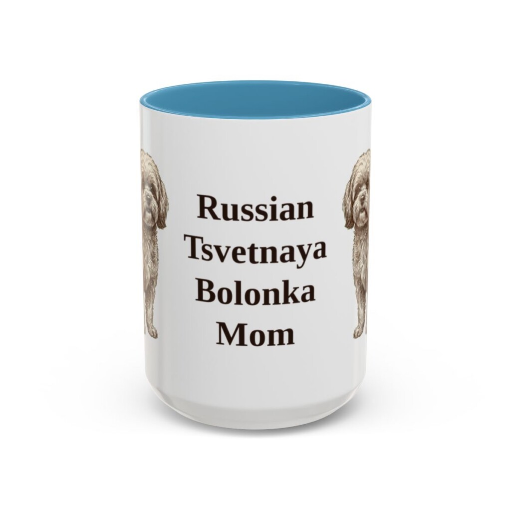 15oz Russian Tsvetnaya Bolonka Dog Mom Mug, Light Blue, front view