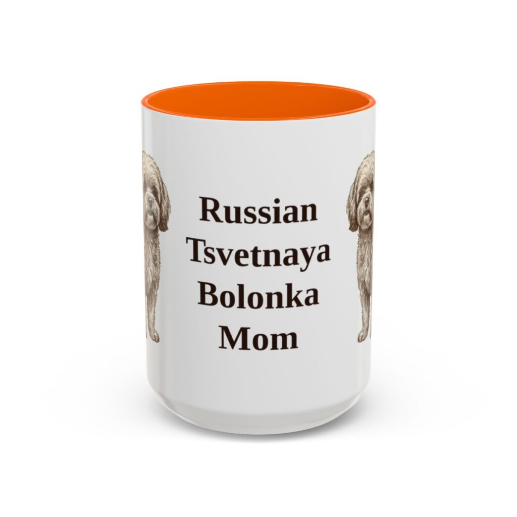 15oz Russian Tsvetnaya Bolonka Dog Mom Mug, Orange, front view