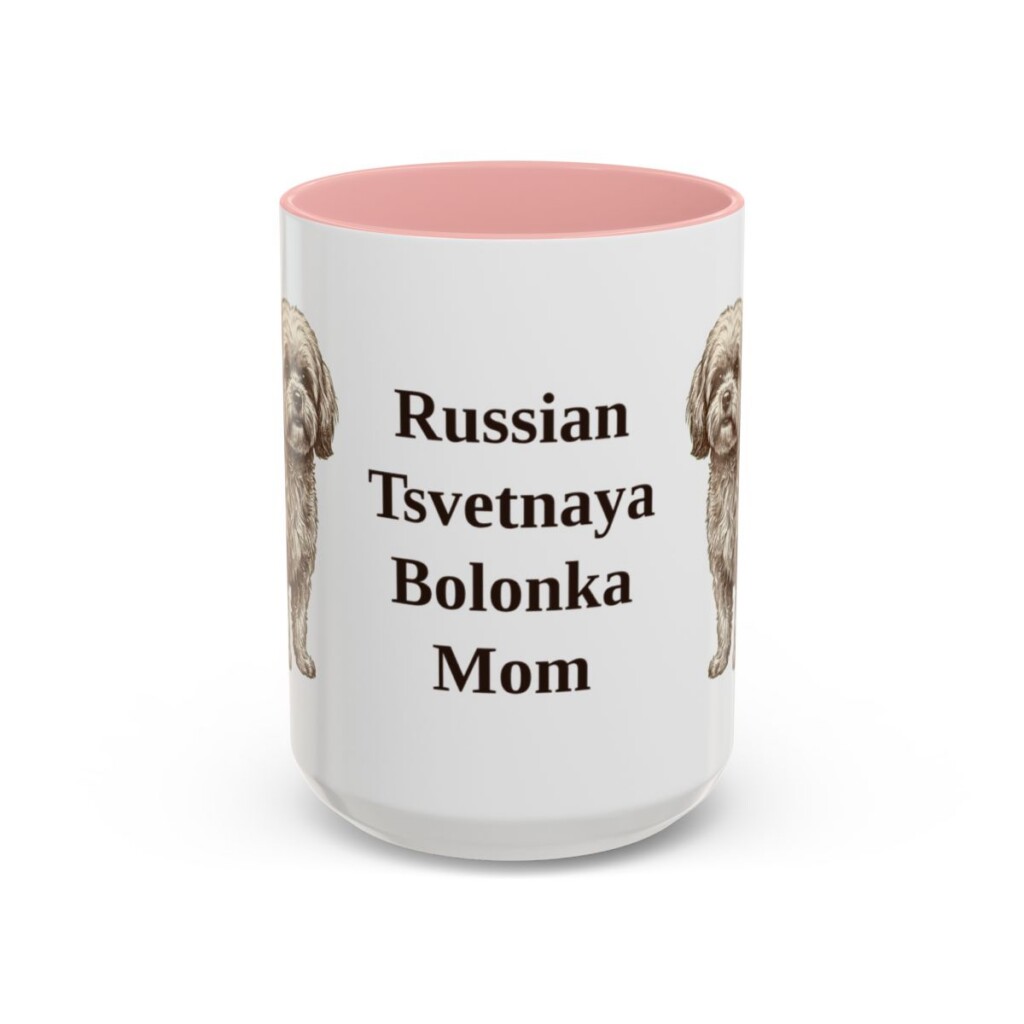 15oz Russian Tsvetnaya Bolonka Dog Mom Mug, Pink, front view